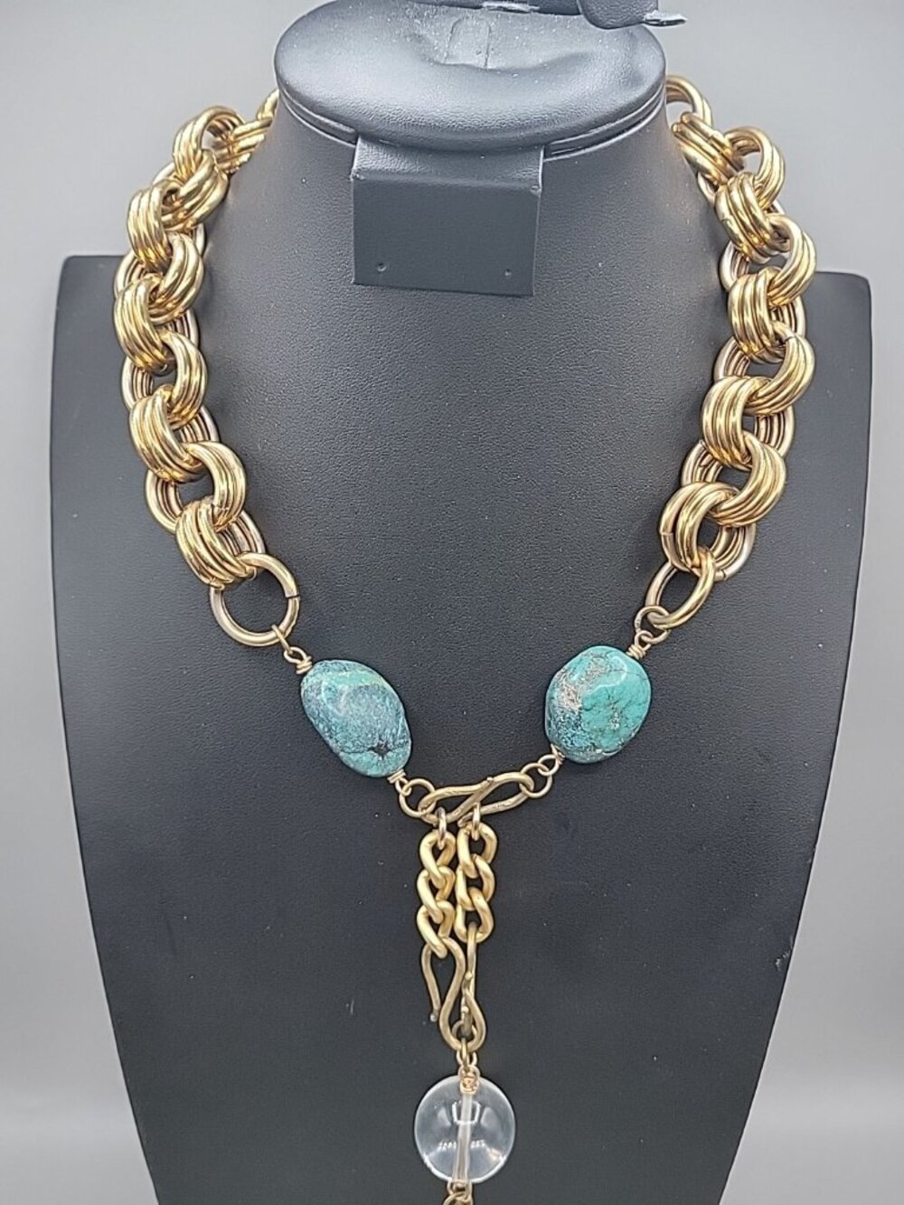 Vintage Turquoise Stone & Gold Chain Necklace Large Natural Turquoise Pendant - Picture 2 of 16